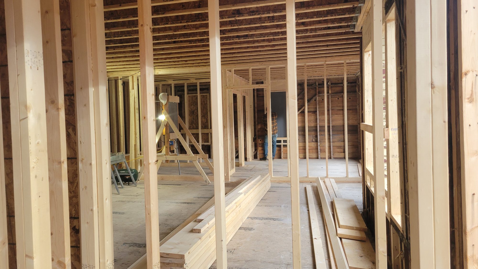 New interior framing dividing the building into apartments